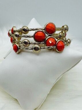 Gold-Tone Orange Faceted Stone Multi-Row Bangle Bracelet